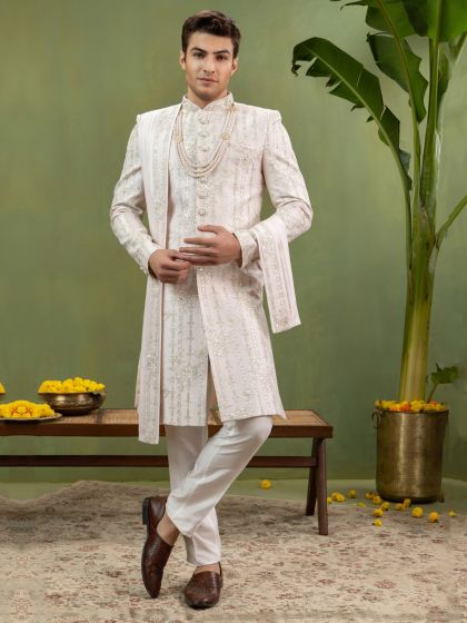 Cream Embroidered Menswear Silk Sherwani