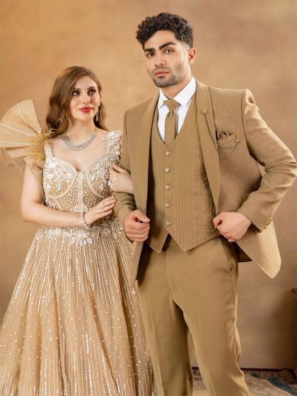 Brown Cocktail Three Piece Tuxedo Suit In Italian