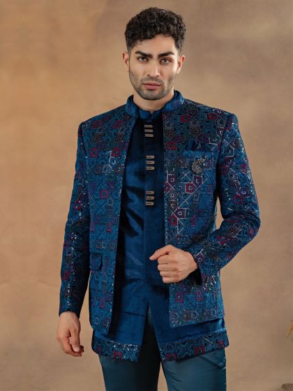 Blue Velvet Jodhpuri Suit Set In Thread Work