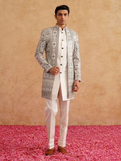 White Thread Embroidered Jacket Style Indo Western Set