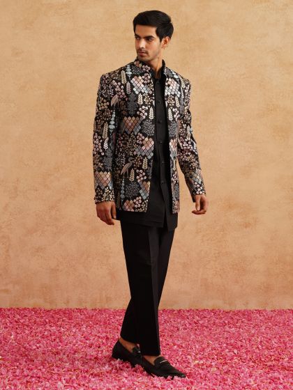 Black Jodhpuri Suit In Floral Thread Embroidery