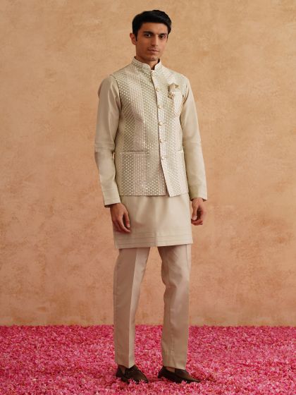 Beige Festive Wear Kurta Set With Nehru Jacket