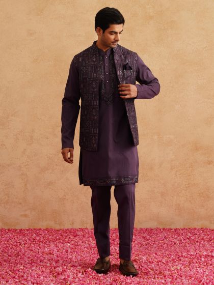 Purple Silk Kurta Set With Embroidered Upper Jacket