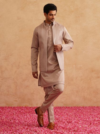 Rosegold Beige Kurta Set With Front Open Jacket