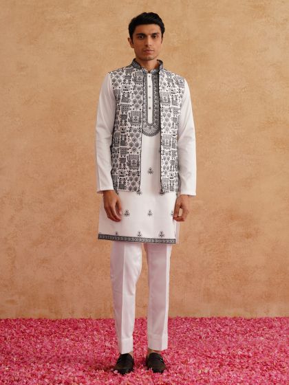 White Men's Kurta Set In Silk In Thread Work