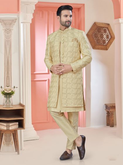 Ecru Beige Thread Embellished Men's Indowestern