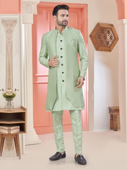 Sage Green Silk Indowestern With Embroidered Jacket