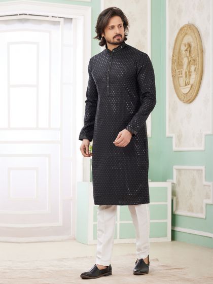 Black Silk Kurta Set In Sequins Embellishment