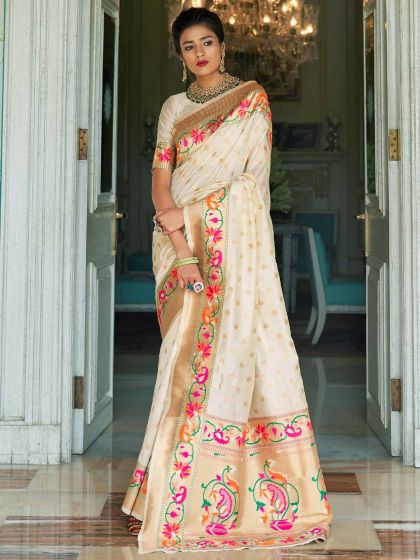 Off White Woven Saree In Handloom Silk