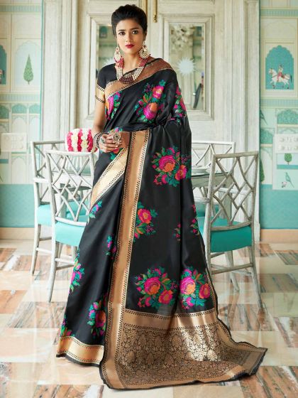 Black Floral Woven Saree In Handloom Silk