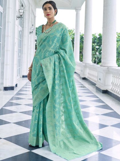 Green Woven Party Wear Saree In Chikankari