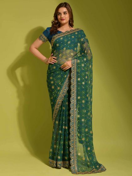 Green Chiffon Festive Saree With Embroidery