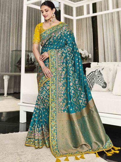 Blue Embroidered Traditional Saree In Silk