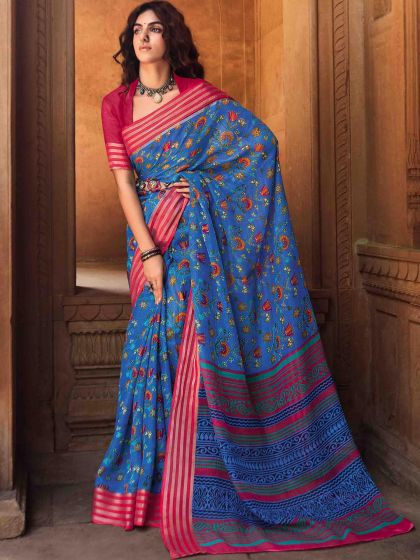 Blue Floral Printed Saree In Linen