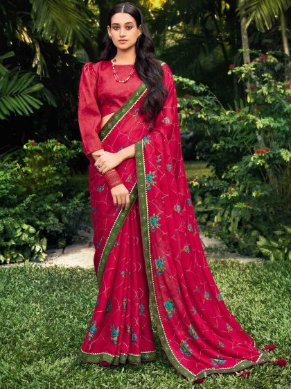 Pink Floral Printed Casual Saree In Chiffon