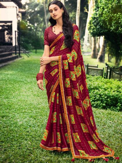 Maroon Floral Printed Saree In Chiffon