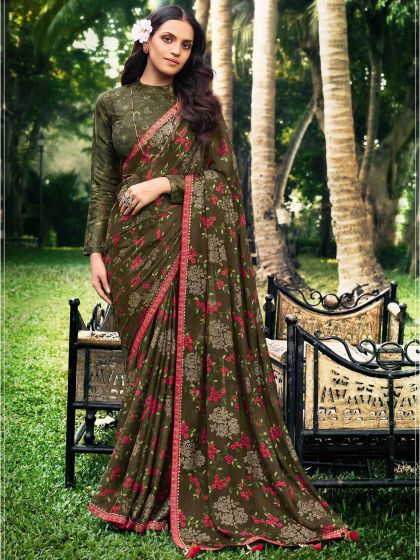 Green Casual Saree With Digital Prints