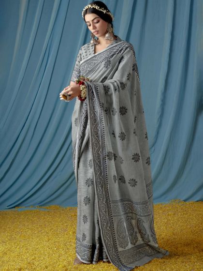 Grey Casual Saree And Blouse In Linen