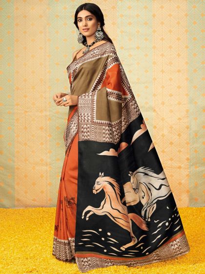 Orange Tussar Silk Saree With Animal Prints