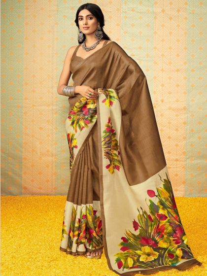 Brown Floral Printed Tussar Silk Saree