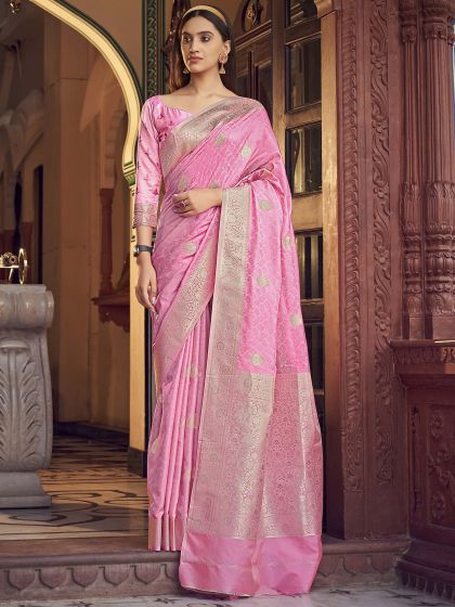 Pink Woven Festive Saree In Art Silk