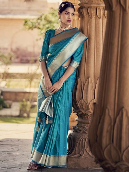 Turquoise Art Silk Saree With Woven Border