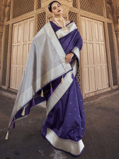 Purple Woven Border Saree In Art Silk