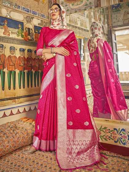 Pink Wedding Wear Woven Saree In Art Silk