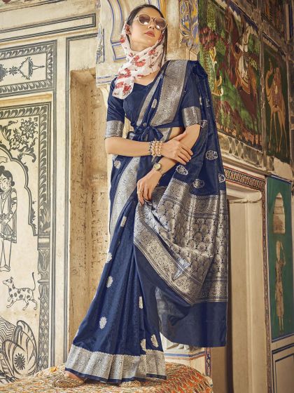 Blue Art Silk Woven Saree With Blouse