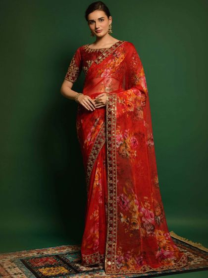 Red Floral Printed Festive Saree In Georgette