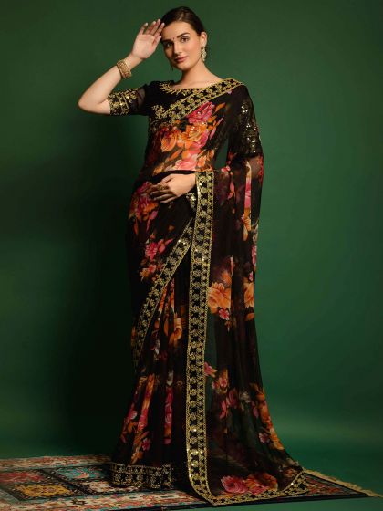 Black Georgette Saree With Floral Prints