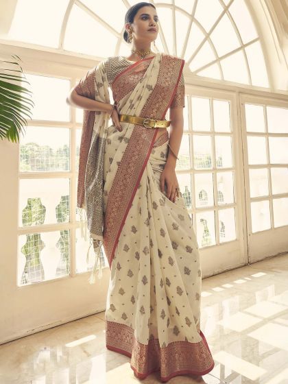 Off White Woven Festive Saree In Tussar Silk