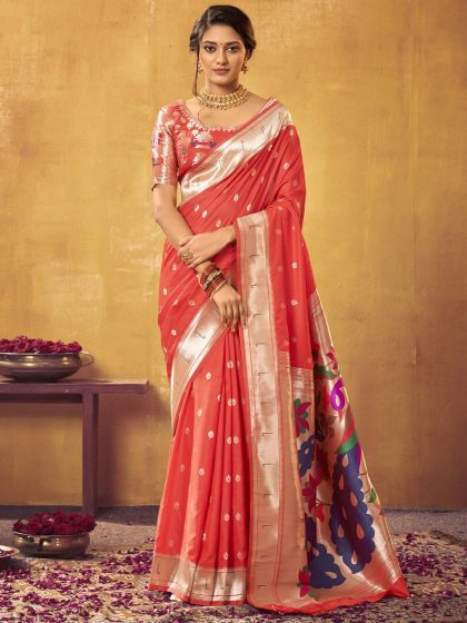 Orange Silk Wedding Saree With Weaves