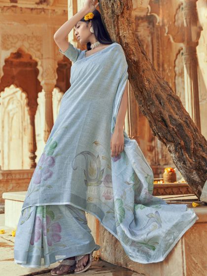 Blue Floral Printed Linen Saree