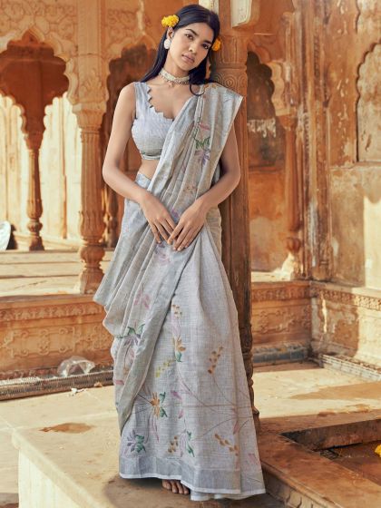 Grey Floral Printed Saree In Linen