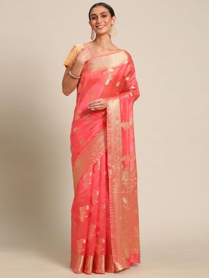 Peach Woven Festive Saree In Organza