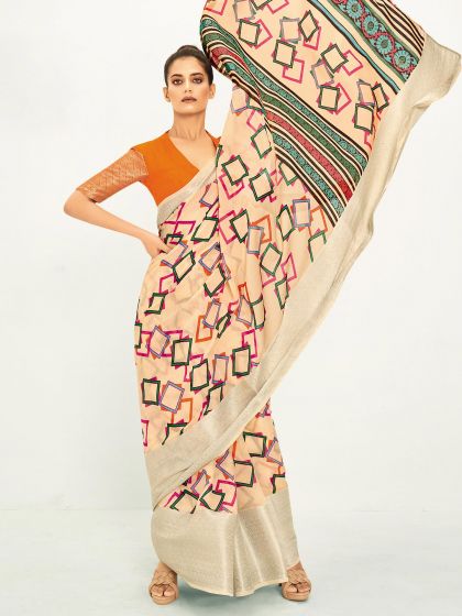 Cream Printed Chanderi Saree