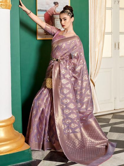 Purple Party Wear Saree With Zari Patterns