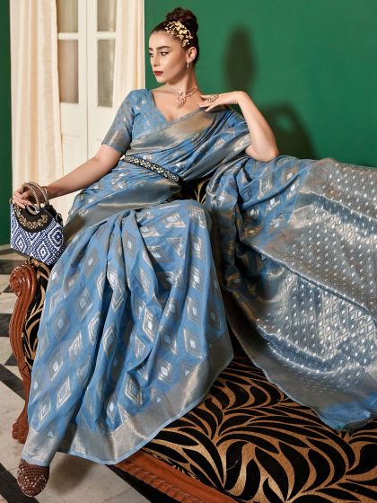 Blue Party Wear Woven Saree In Silk