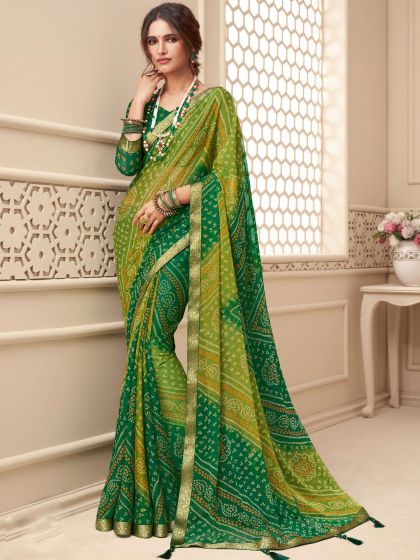 Green Chiffon Saree With Bandhej