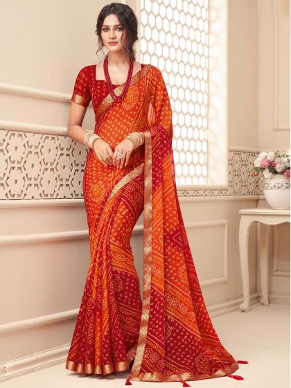 Red And Orange Bandhej Print Saree