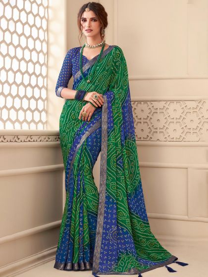 Green And Blue Saree With Bandhej Prints