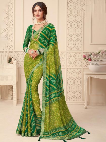 Green Festive Chiffon Saree With Bandhani Prints