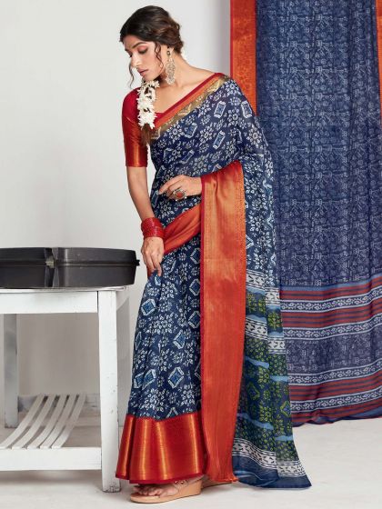 Blue Printed Jacquard Saree With Blouse