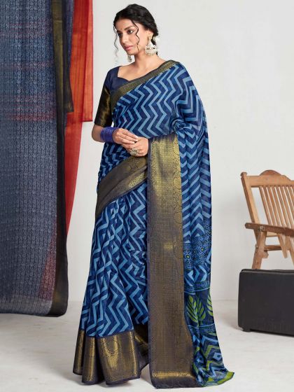 Blue Zig Zag Printed Casual Saree