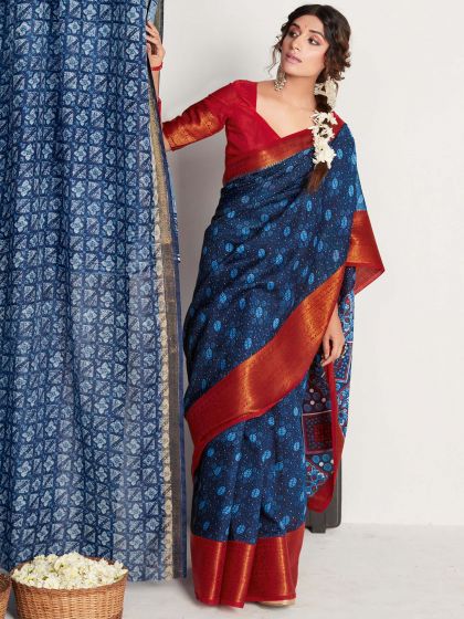 Blue Printed Casual Wear Saree In Jacquard