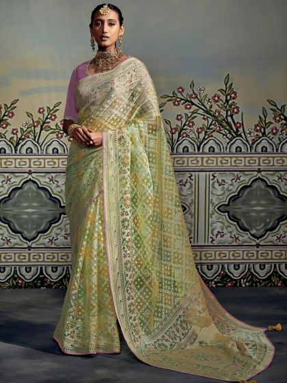 Yellow Organza Festive Saree With Embroidered Blouse