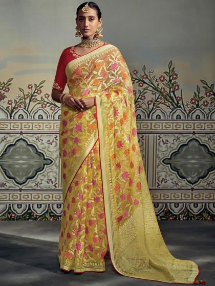 Yellow Floral Themed Saree In Organza