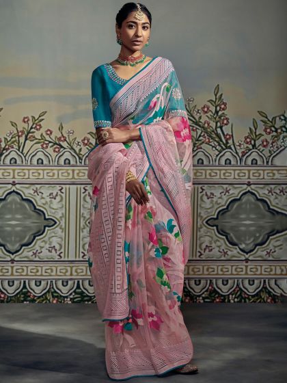 Pink Floral Organza Saree With Embroidered Blouse