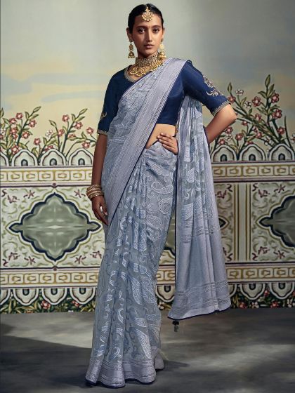 Grey Festive Organza Saree With Embroidered Blouse